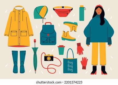 Autumn everyday carry stuff. Fall season wardrobe, warm winter rainy weather clothes shoes supplies. Vector cartoon set