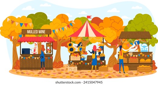 Autumn fair with people at stalls selling mulled wine and pies, colorful fall trees. Seasonal festival marketplace, cozy fall vibes vector illustration.