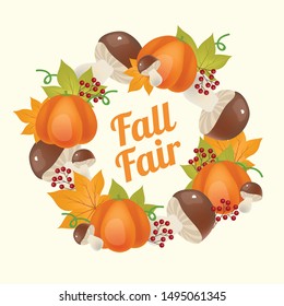 Autumn fair social media post mockup. Fall harvest frame with lettering and pumpkins. Advertising web banner template. Social media booster, content layout. Poster, print ads with flat illustrations