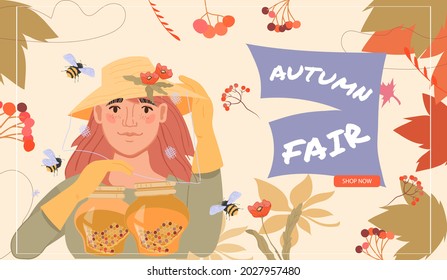 Autumn fair web banner template with beekeeper woman offer her honey products, flat vector illustration. Farm market and autumn harvest festival advertising poster or webpage.