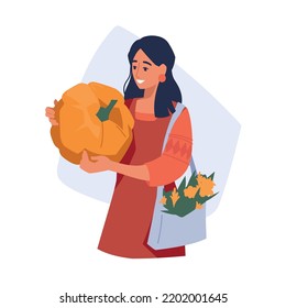 Autumn fair. Woman with pumpkins. Vector image.