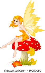 Autumn  fairy elf sitting on mushroom