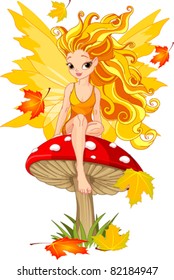 Autumn  fairy elf sitting on mushroom