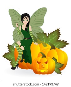 Autumn Fairy in the green dress is sitting on a pumpkin