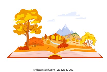 Autumn fairy tale in magic book vector illustration. Cartoon isolated open storybook with fantasy fairytale world, journey and adventure in calm forest with mountains and river in autumn season