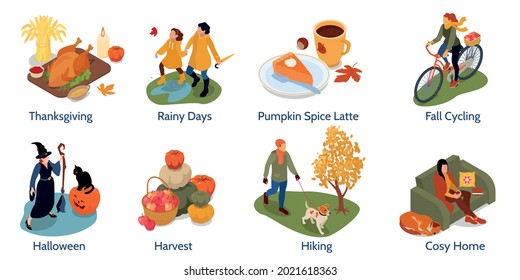 Autumn fall 8 isometric compositions with harvest halloween thanksgiving cozy home pumpkin pie cycling hiking vector illustration