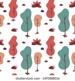 autumn fall abstract seamless vector pattern background illustration with trees in modern flat style