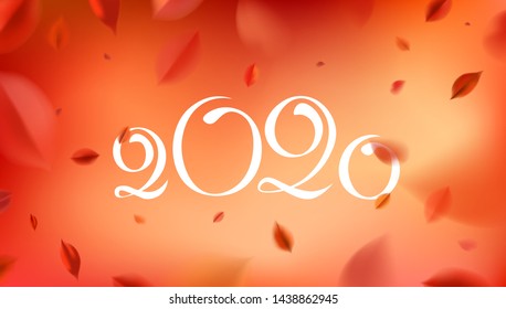 Autumn fall abstract studio background with red leaves and 2019 text vector design elements