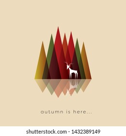 Autumn or fall abstract vector background with typical foliage colors. Abstract mountains with deer in front, wildlife nature symbol. Seasonal landscape symbol. Eps10 illustration.