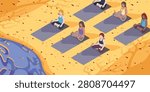 AUTUMN FALL AESTHETIC YOGA IN A GROUP ILLUSTRATION, YELLOW FOREST AND LAKE OF NATURE