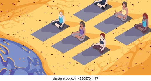 AUTUMN FALL AESTHETIC YOGA IN A GROUP ILLUSTRATION, YELLOW FOREST AND LAKE OF NATURE