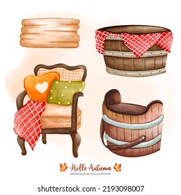 Autumn or Fall Animal decor, Retro classic chair, barrel, Digital paint watercolor illustration
