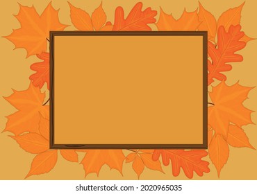 Autumn fall backgrond with wooden frame and yellow red leaves vector illustration
