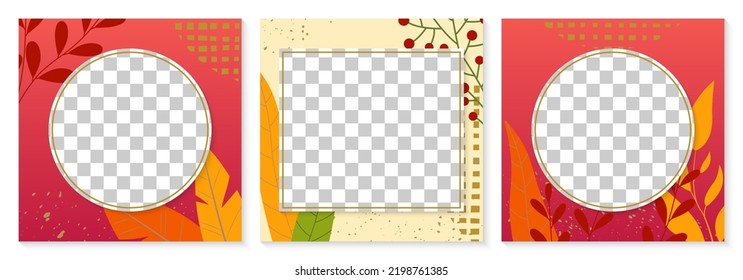 Otoño, banner de fondo de caída, conjunto de plantillas de diseño de afiches. Marco o frontera de medios sociales. Venta, concepto de Acción de Gracias con hojas. Ilustración vectorial.