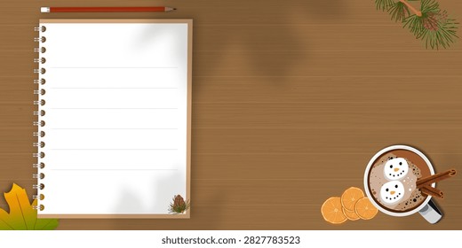 Autumn Fall Background With Blank Notebook,Pencil On Brown Wooden Table.Christmas Hot Chocolate,Snowman Marshmallows,Orange,Pine Branches For New Year Holiday,Winter Greeting Card,Vector Cozy Design