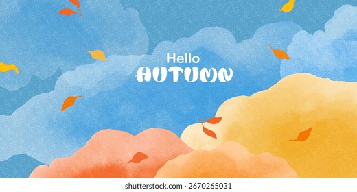Otoño, fondo de otoño. Cielo azul, nubes, árboles coloridos, hojas. Textura de acuarela.