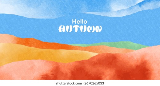 Autumn,  fall background. Blue sky, clouds, colorful trees, leaves. Watercolor texture.