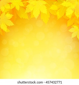 Autumn, fall background with bright golden maple leaves. Abstract illustration with bokeh lights. Blurred soft backdrop. Vector illustration. EPS10