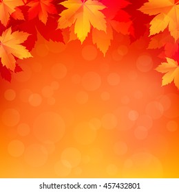 Autumn, fall background with bright golden maple leaves. Abstract illustration with bokeh lights. Blurred soft backdrop. Vector illustration. EPS10