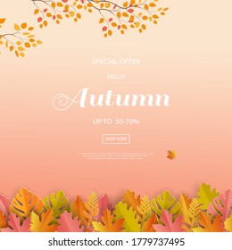 Autumn or Fall background with colorful leaves. Can be used for shopping promotion, poster,banner, flyer, invitation, website or greeting card, vector illustration