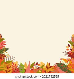 Autumn or Fall background with colorful leaves. Square banner or leaf frame or border template for flyer, sale, thanksgiving poster, promotion card, social media post. Vector illustration.