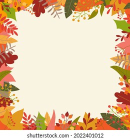 Autumn or Fall background with colorful leaves. Square banner or leaf frame or border template for flyer, sale, thanksgiving poster, promotion card, social media post. Vector illustration.