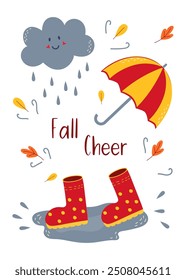 Autumn, Fall background with leaves, umbrella, boots, rainy cloud, puddle. Abstract vector templates for poster, invitation, card, flyer, cover, banner, social media post, sale, advertising