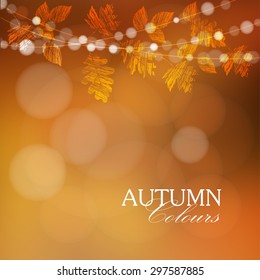 Autumn, Fall Background With Maple And Oak Leaves And Lights, Vector Illustration 