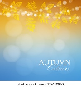 Autumn, Fall Background With Maple And Oak Leaves And Lights, Vector Illustration 