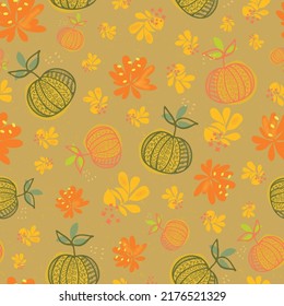 Autumn fall background seamless pattern - pumpkins, leaves in green, orange, brown, yellow colors. Vector design for many projects.