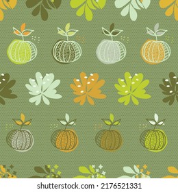 Autumn fall background seamless pattern - pumpkins, leaves in green, orange, brown, yellow colors. Vector design for many projects.