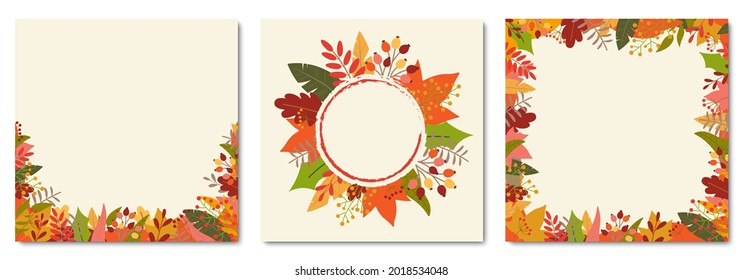 Fondo de otoño o otoño con hojas coloridas. Pancarta cuadrada o marco de hoja o plantillas de borde para volante, venta, carteles de agradecimiento, tarjetas de promoción, publicaciones en medios sociales. Ilustración vectorial.