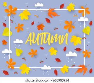 Autumn. Fall banner background template with beautiful colorful autumn leaves and rain clouds.Cut out paper vector illustration.