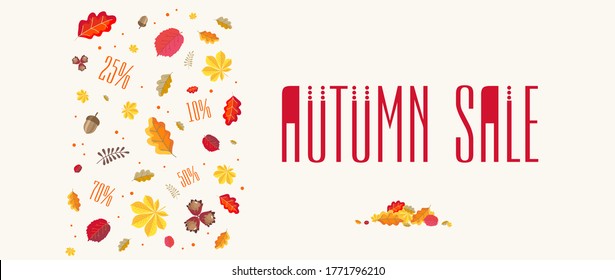 Autumn fall, Banner Autumn Sale with oak leaves, chestnut, hazel, acorns, hazelnuts, discounts in an umbrella with the inscription Sale. Vector illustration of leaf fall in flat style.