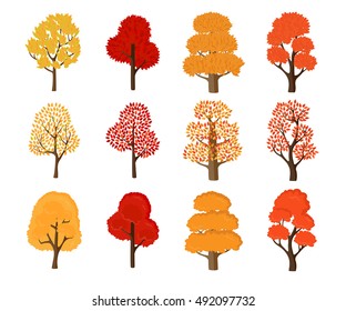 Autumn or Fall beautiful trees set. Vector illustration. Isolated on white background. Icons, signs, design elements and symbols collection