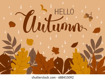 autumn fall beige brown background with forest leaves, rain drops