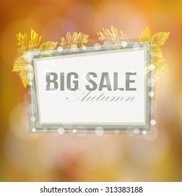 Autumn, fall big sale poster with blurred background gold leaves and bokeh lights, vector illustration