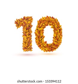Autumn fall bright orange leaves number. Symbol isolated on white. Vector design element