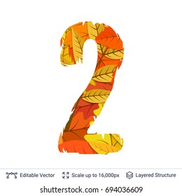 Autumn fall bright orange leaves number. Paint brush silhouette filled with leaves pattern.