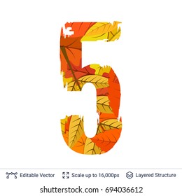 Autumn fall bright orange leaves number. Paint brush silhouette filled with leaves pattern.