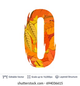 Autumn fall bright orange leaves number. Paint brush silhouette filled with leaves pattern.