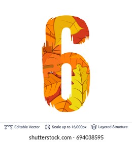 Autumn fall bright orange leaves number. Paint brush silhouette filled with leaves pattern.