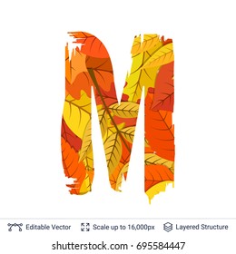 Autumn fall bright orange leaves letter. Paint brush silhouette filled with leaves pattern.