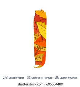 Autumn fall bright orange leaves letter. Paint brush silhouette filled with leaves pattern.