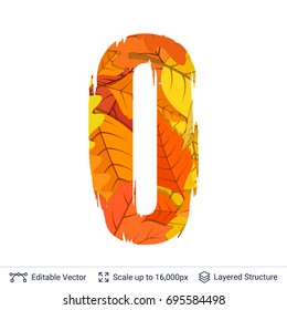 Autumn fall bright orange leaves letter. Paint brush silhouette filled with leaves pattern.