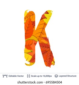 Autumn fall bright orange leaves letter. Paint brush silhouette filled with leaves pattern.