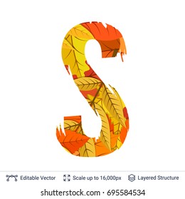 Autumn fall bright orange leaves letter. Paint brush silhouette filled with leaves pattern.