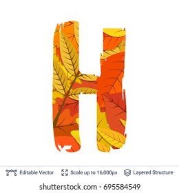 Autumn fall bright orange leaves letter. Paint brush silhouette filled with leaves pattern.