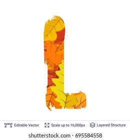 Autumn fall bright orange leaves letter. Paint brush silhouette filled with leaves pattern.