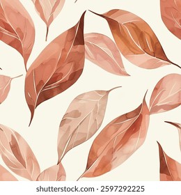 Autumn Fall Brown Orange Terra Beige Oak Eucalyptus Leaf Foliage Watercolor Abstract Scandinavian Design Seamless Pattern Wallpaper Curtain Bedding Background Upholstery Gift Wrapping Paper Vector